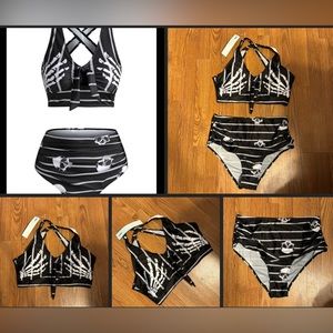 BNWT Skeleton Handprint 2 Piece Bikini Swimsuit High Waist Skull Bikini Swimsuit
